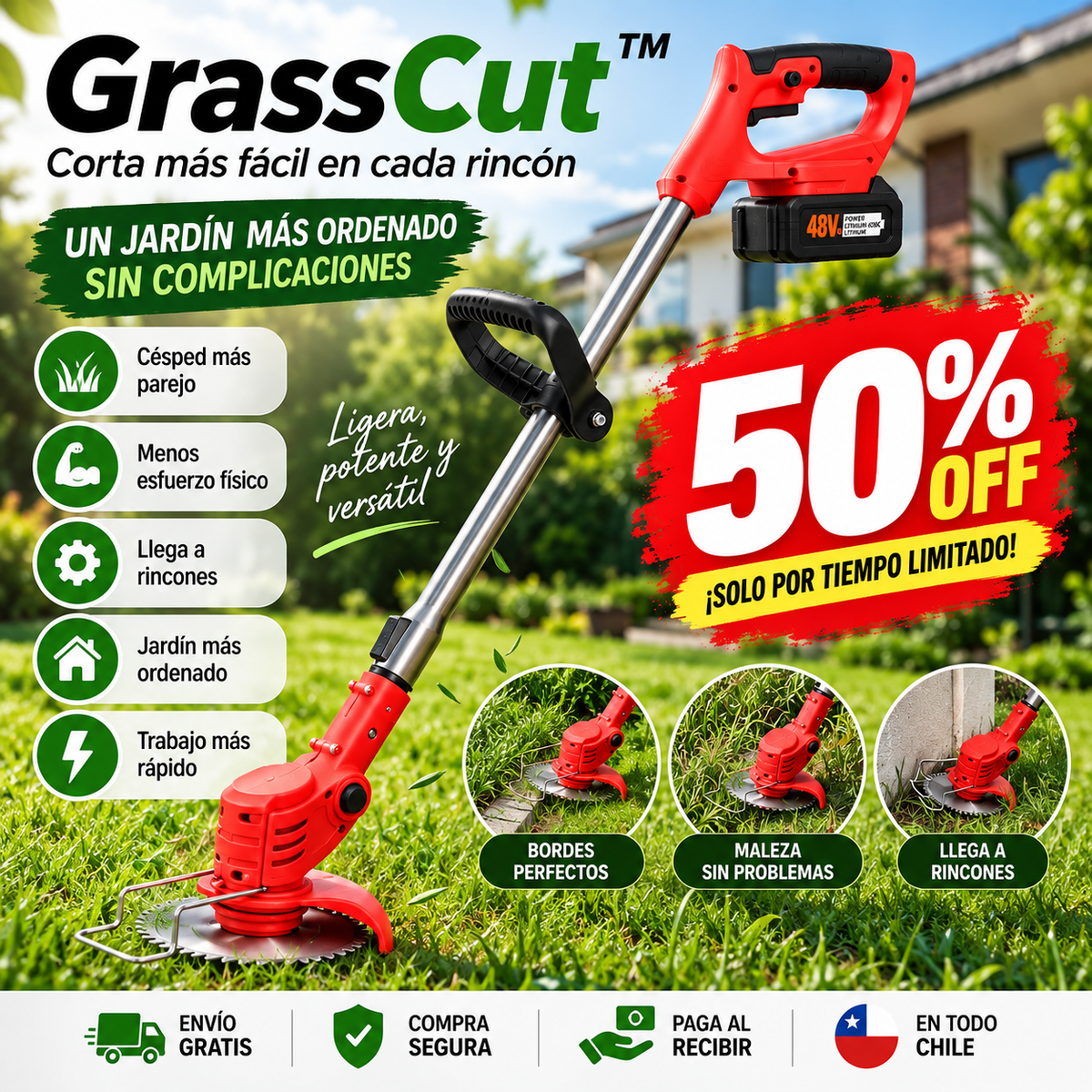 GrassCut™ - Corta más fácil en cada rincón, incluye 2 Baterías.