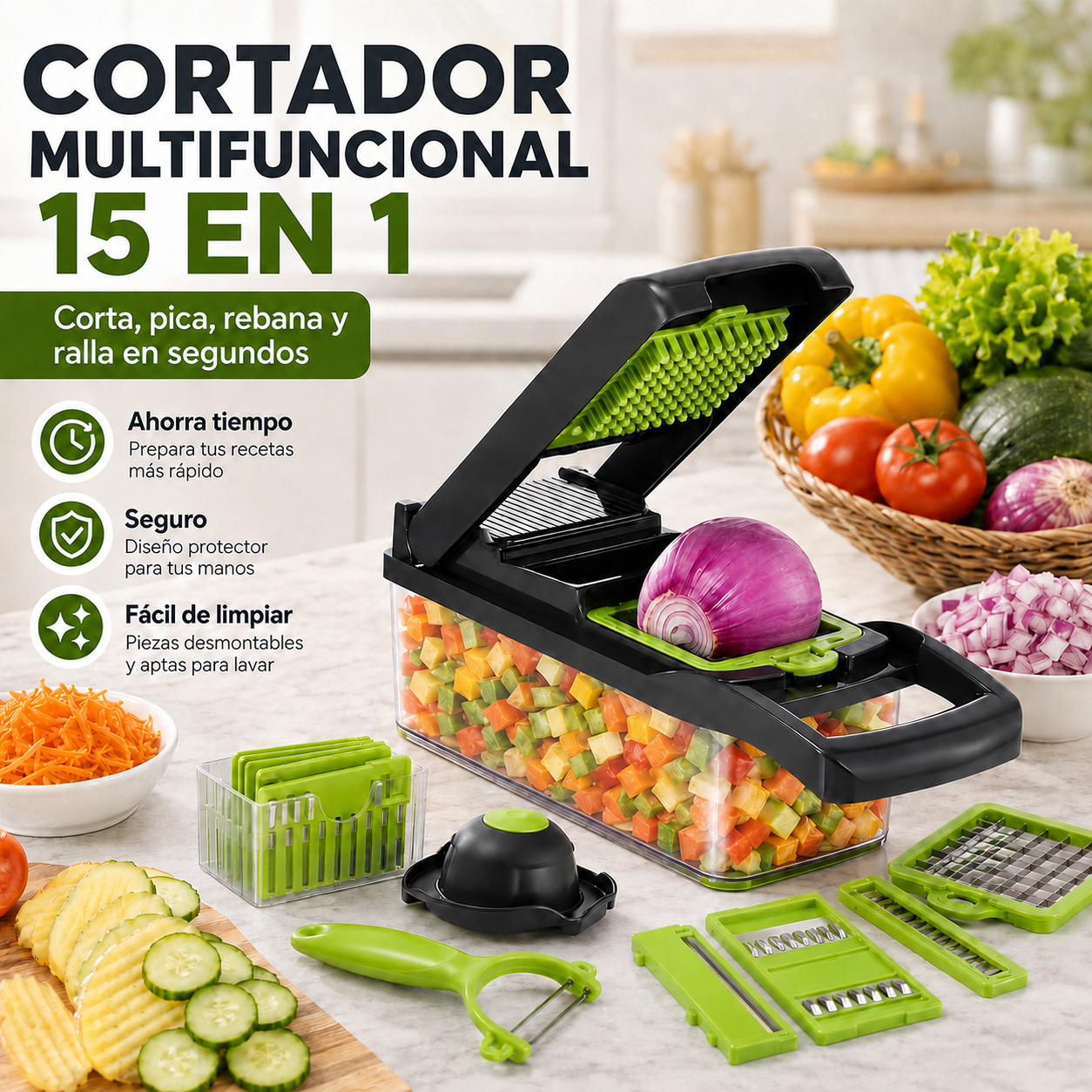 CortaFácil 15 en 1™  Corta, pica, rebana y ralla en segundos