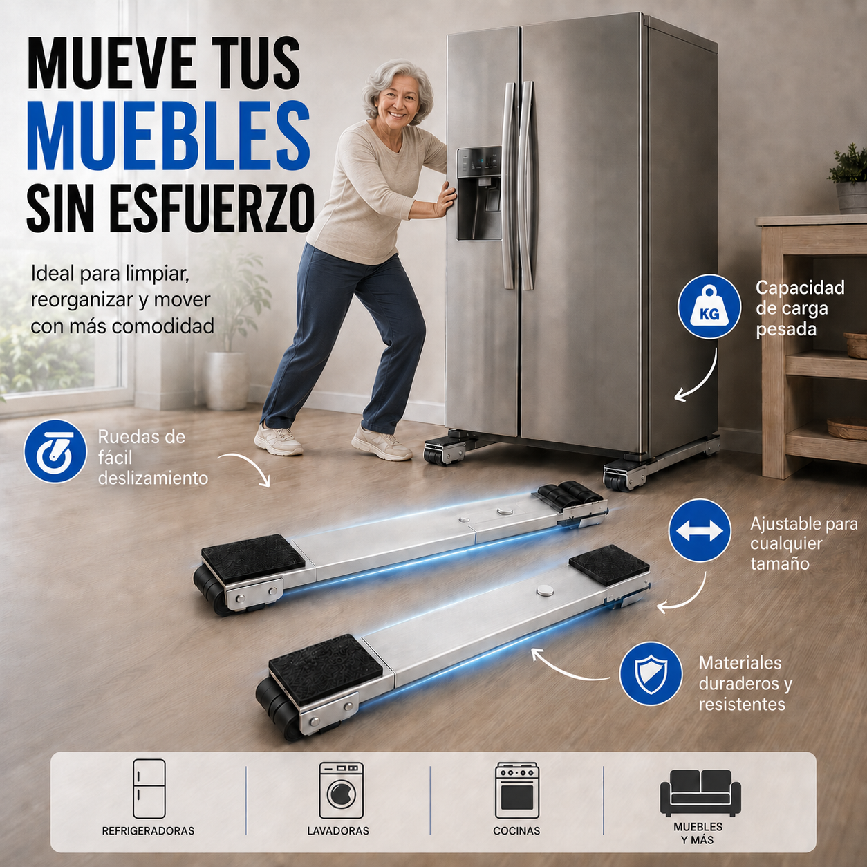 Base móvil para muebles y electrodomésticos, muévelos fácil y evita lesiones